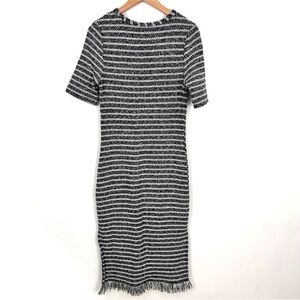 TOPSHOP Knit Fringe Bottom Dress Black White Stripe Women 8